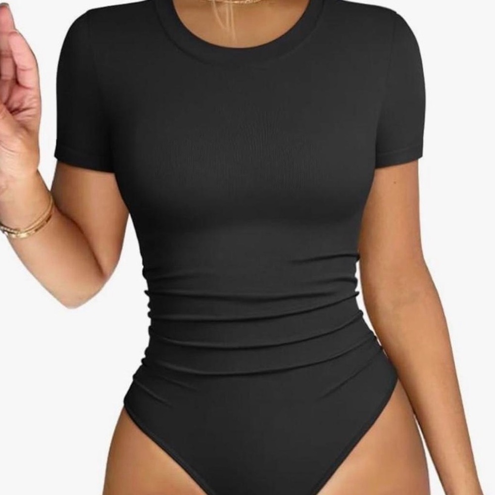 OQQ Sleek Black Short Sleeve Bodysuit — Women